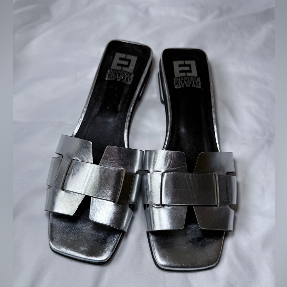 Emanuele Crasto Silver Metallic Leather Slides Sandals Made in Italy Size 40
